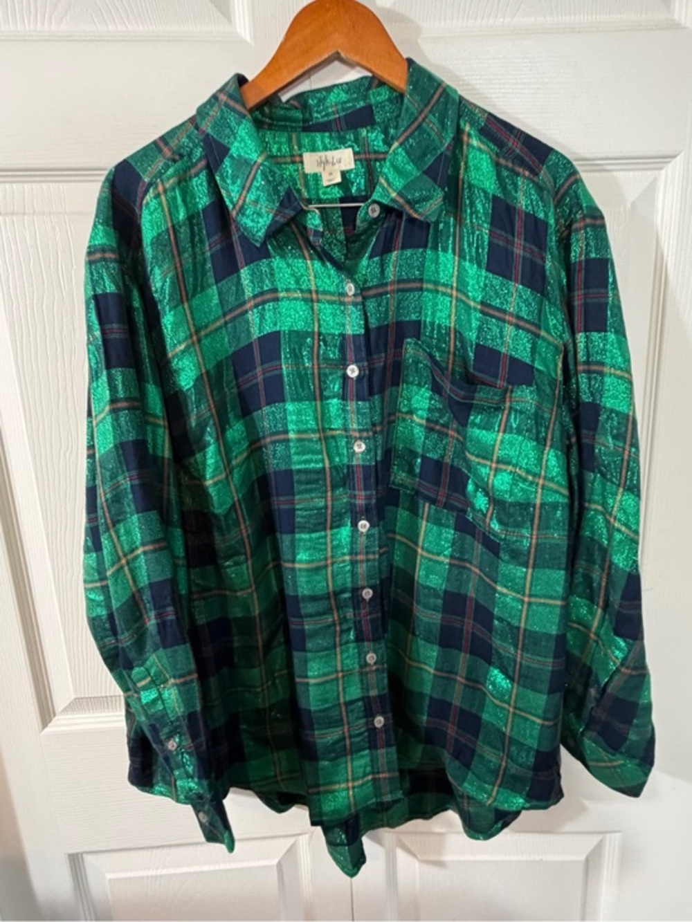 Style & Co Metallic Plaid Button Down Shirt Dusty Green Womens 3X NWT Holiday